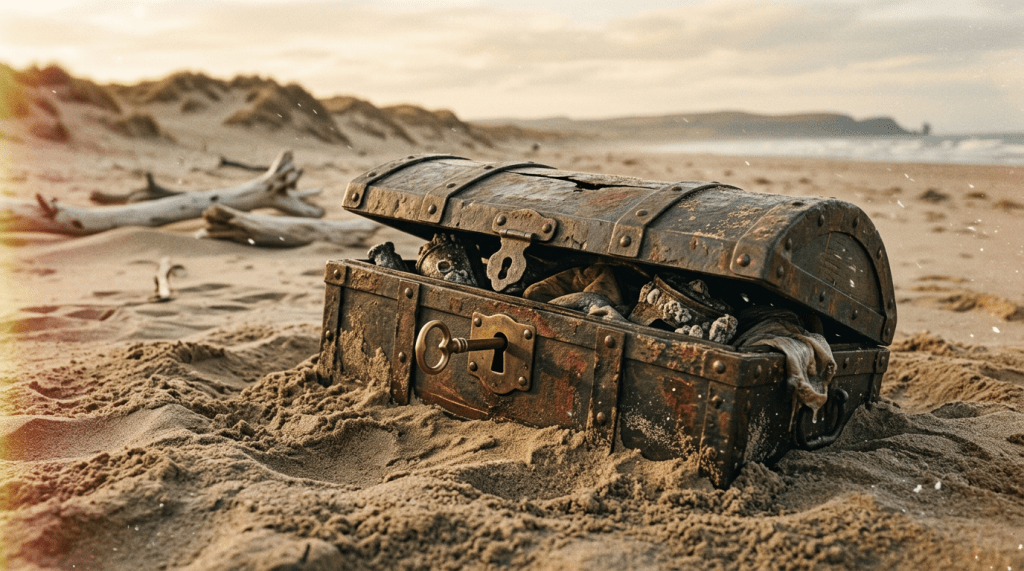 Partially opened rusty treasure chest filled with objects, resting on a sandy beach.