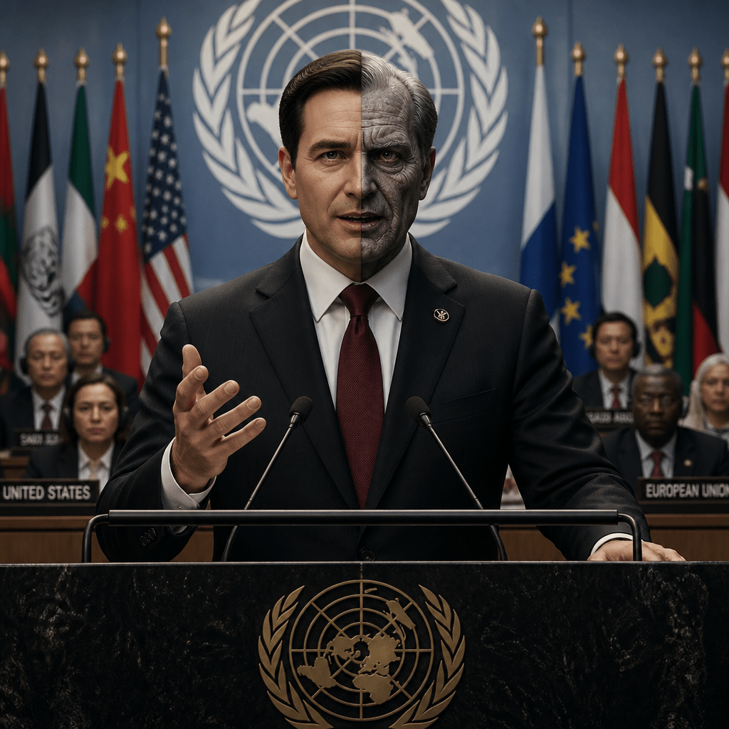 Split-faced speaker addressing delegates at a United Nations podium