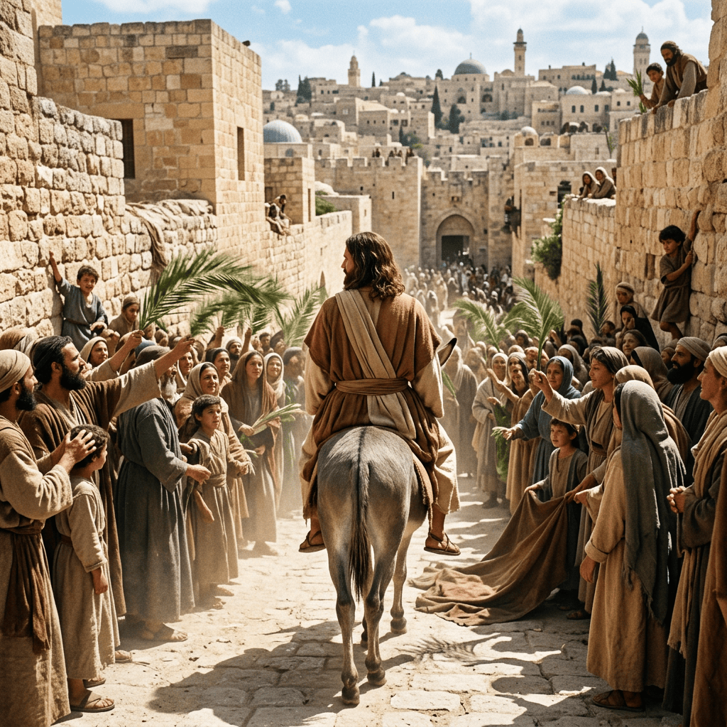 Jesus rides a donkey through Jerusalem as a crowd waves palm branches.